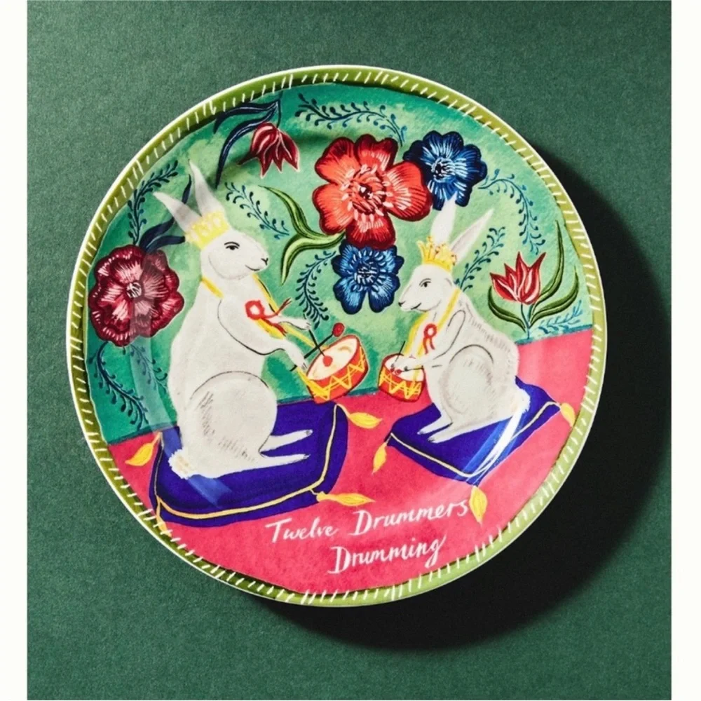 NIB Anthro Emily Maude 12 Days of Christmas 12 Drummers Drumming Dessert Plate